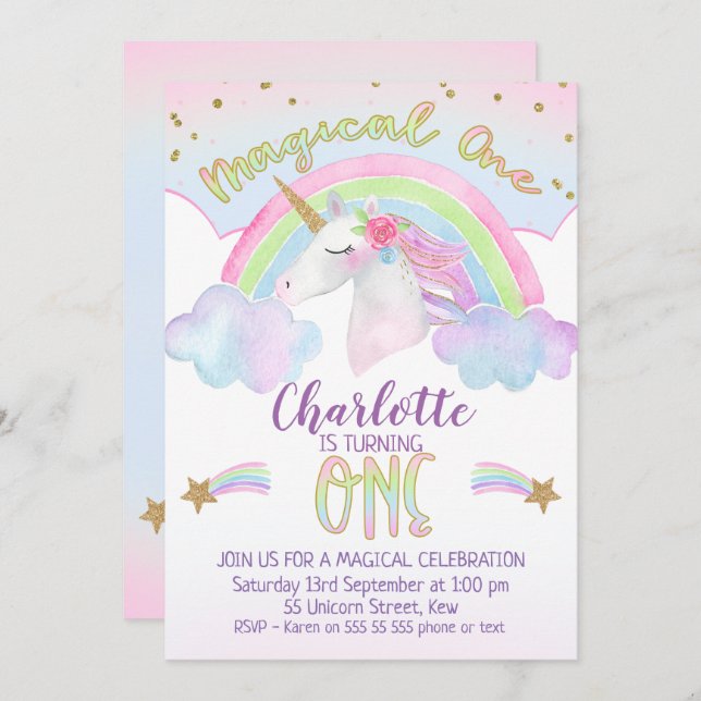 Primeiro Convite de Aniversário do Unicorn Rainbow (Frente/Verso)