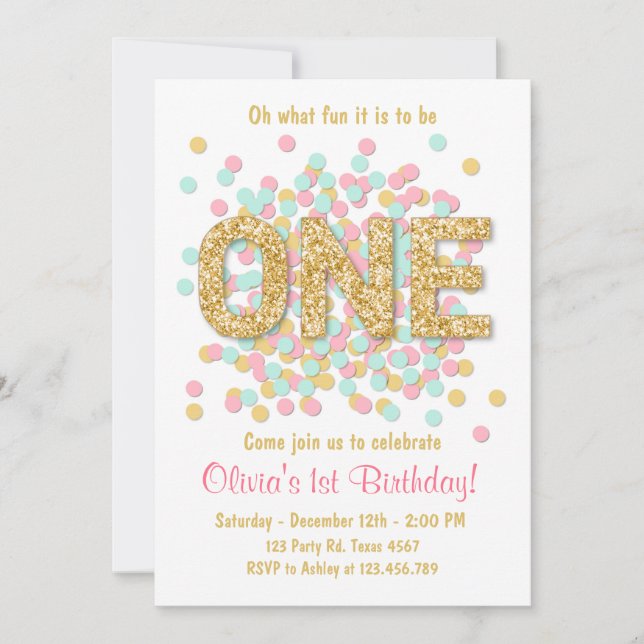 Primeiro convite de aniversário Menina Rosa Dourad (Frente)