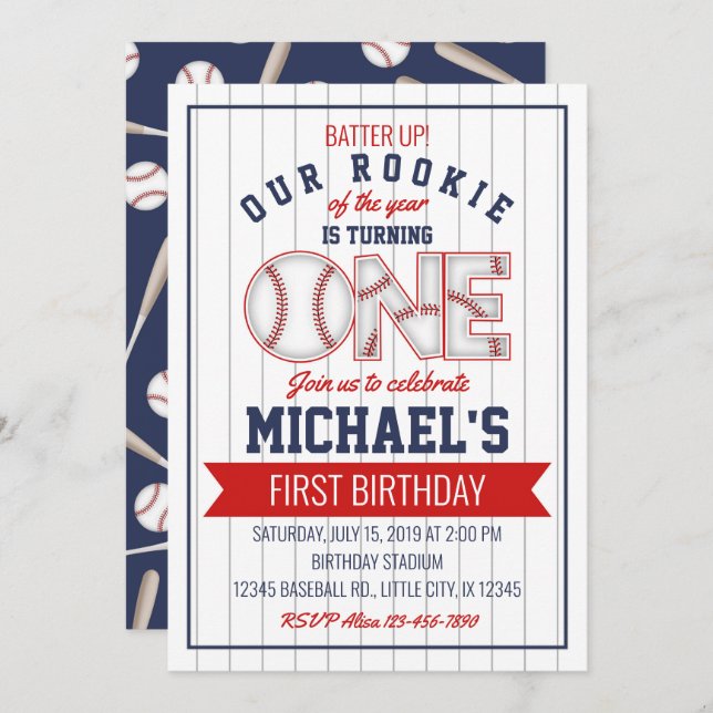 Primeiro Convite de aniversário para beisebol (Frente/Verso)