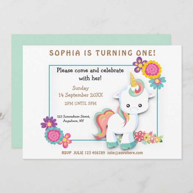 Primeiro Convite de Aniversário para Garota Floral (Frente/Verso)