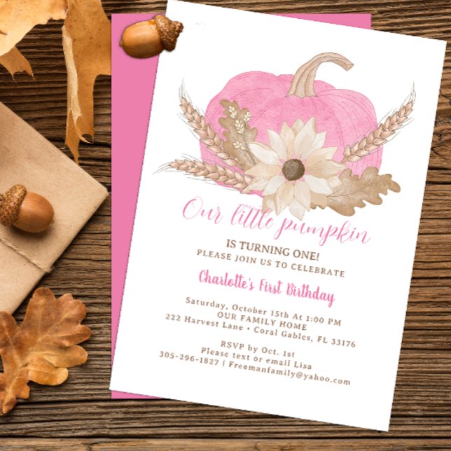 Primeiro Convite de Aniversário Pumpkin Rosa (Pink pumpkin fall birthday party invitation)