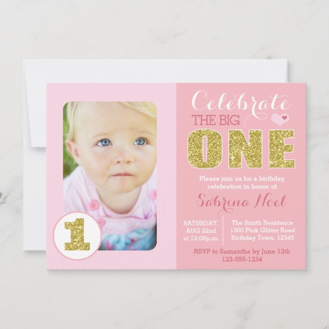 Primeiro Convite de aniversário rosa e Dourado (Frente)