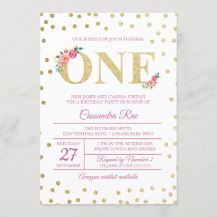 Primeiro Convite de Aniversário, Rosa e Dourado, à