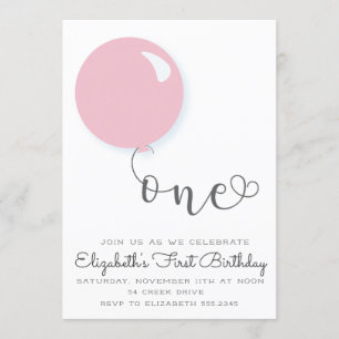 Primeiro Convite de Balão Rosa de Aniversário