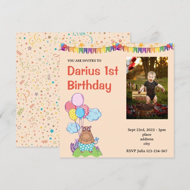 Primeiro convite para fotos de aniversário do Tedd (Frente/Verso)