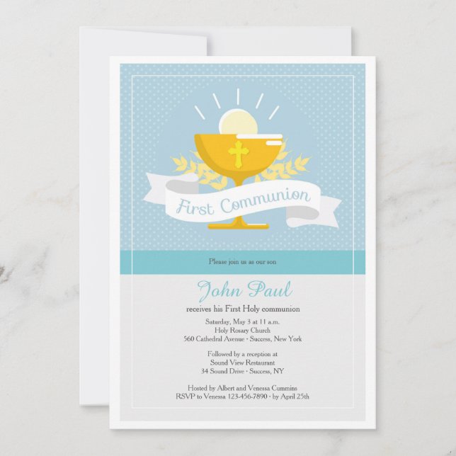 Primeiro Convite Polkadot Azul de Comunhão (Frente)