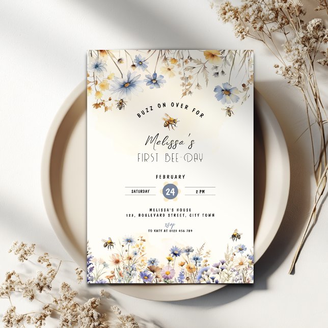 Primeiro Dia das Abelhas - Convite de 1º Aniversár (First bee-day birthday invitation with flowers and bee's.)