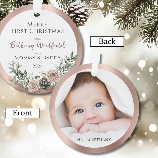 Primeiro Natal do Bebê Rosa Dourado Enfeite de Fot (Baby's First Christmas Rose Gold Photo Keepsake Acrylic Ornament Gift for Family and Friends)