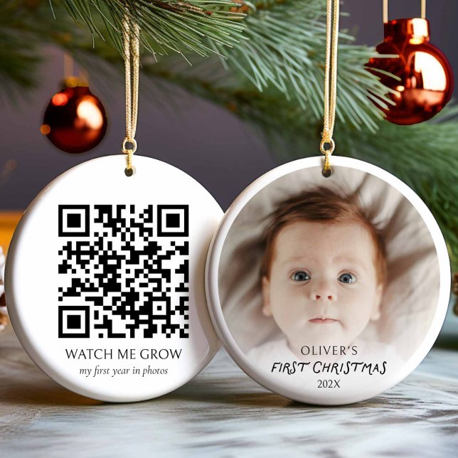 Primeiro Ornamento de Fotos de Natal do Bebê com C (Baby's First Christmas Photo Christmas Ornament with QR Code)