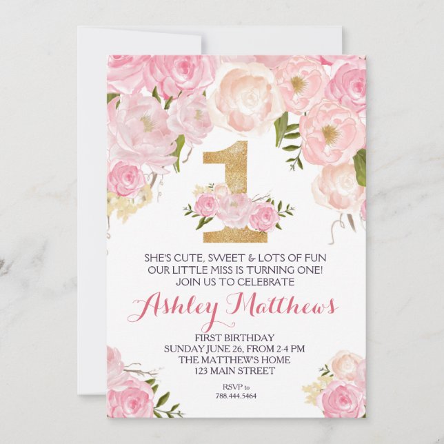 PRIMEIRO primeiro aniversario Belo Convite Floral, (Frente)