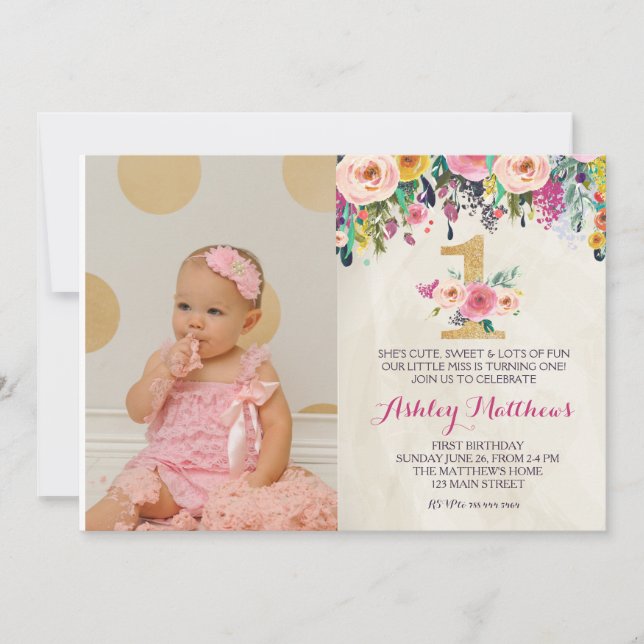 PRIMEIRO primeiro aniversario Belo Convite Floral, (Frente)