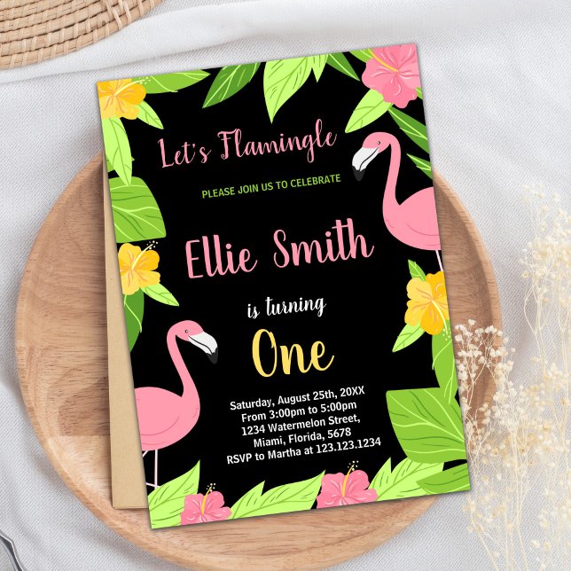Primeiros Convites de Aniversário do Flamingo Verd (First Black Green Flamingo Birthday Invitations)