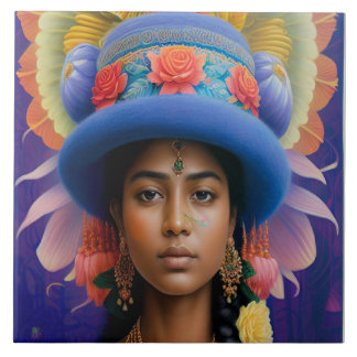 Princesa asiática com chapéu azul grande