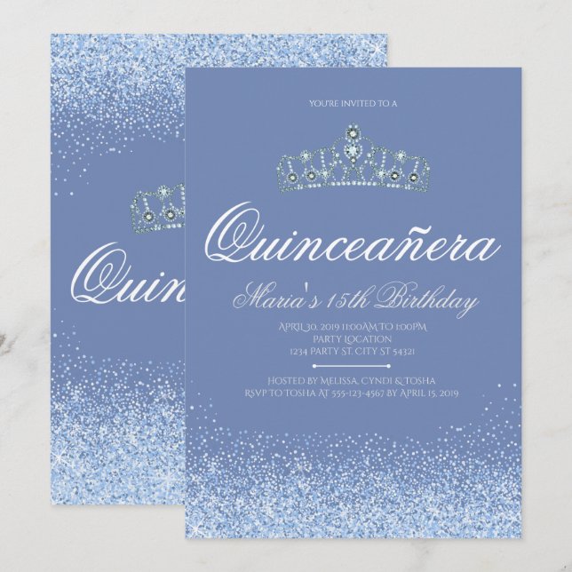 Princesa Azul Brilho Quinceanera Convite (Frente/Verso)
