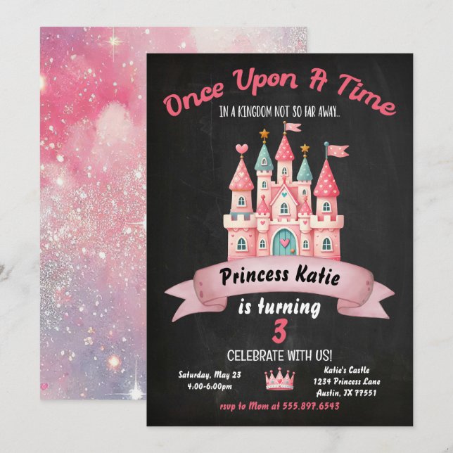 Princesa Castle Birthday Convite Rosa Girly (Frente/Verso)
