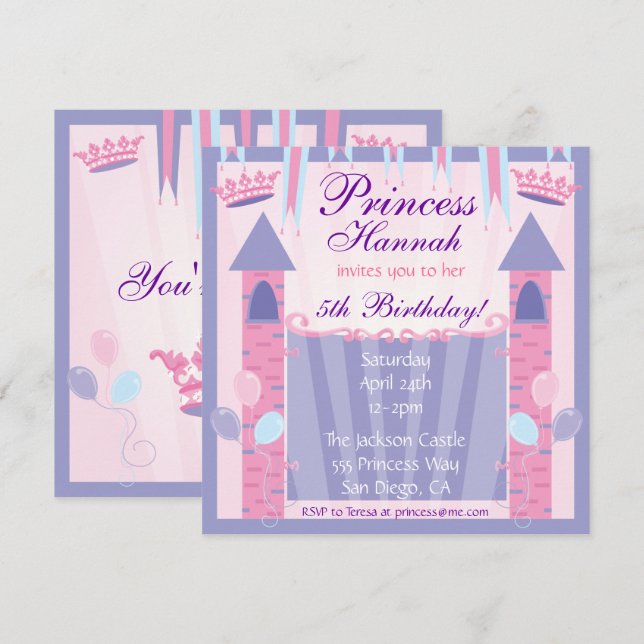 Princesa Convite de aniversário Castle (Frente/Verso)