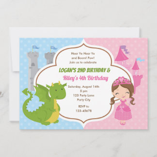 Princesa e Dragão Aniversário Convites Gêmeos