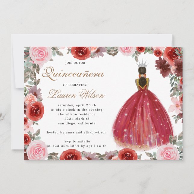 princesa floral Burgundy Quinceanera Convite (Frente)
