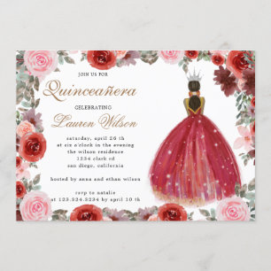 princesa floral Burgundy Quinceanera Convite