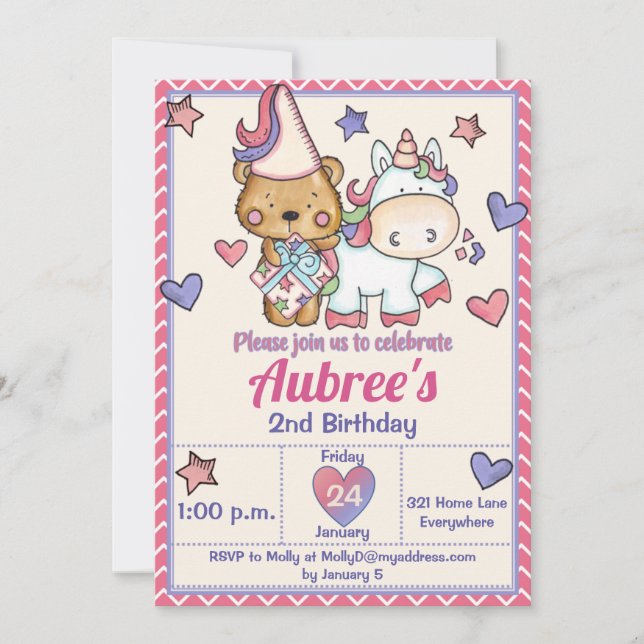 Princesa Urso e Convite de Aniversário do Unicórn (Frente)