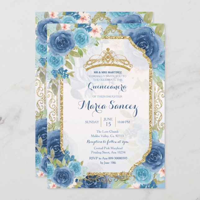 Princesa White Roses Mexicana Mis Quince Convite (Frente/Verso)