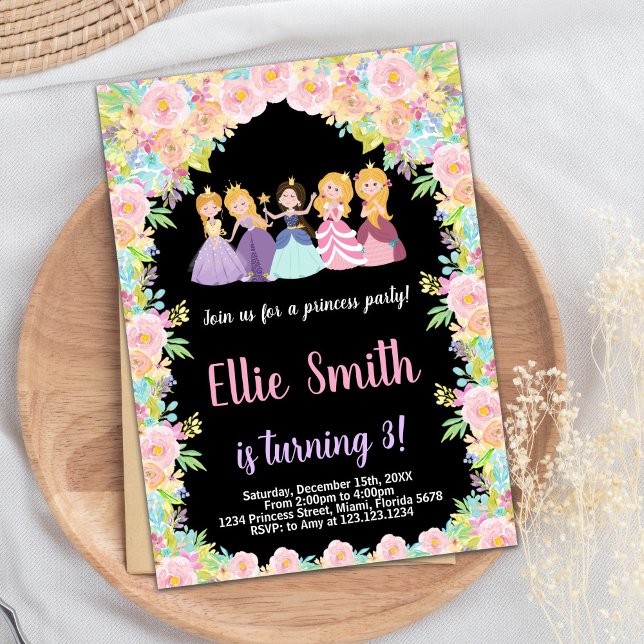 Princesas Pretas Florais Rosa Rosa, Convite de Ani (Pink Floral Black Princesses Birthday Invitation)
