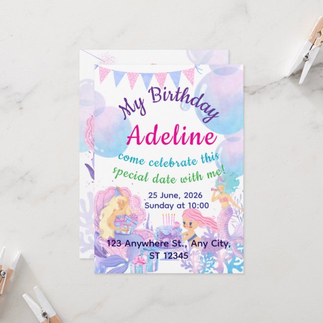 Princess & Mermaid Birthday Invitation Card (Frente/Verso In Situ)