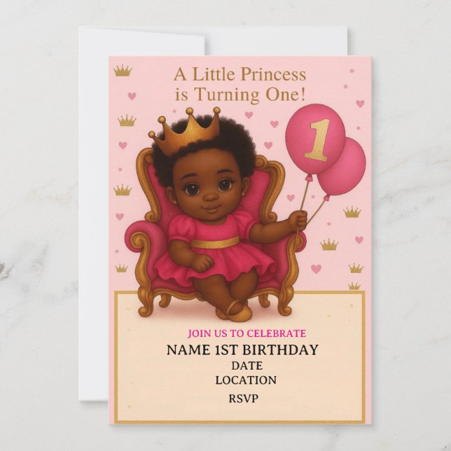 Princess Pink & Gold 1st Birthday Invitation (Frente)