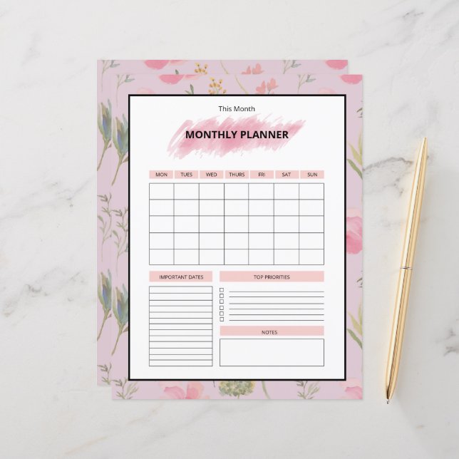 Printable Monthly Planner Template (Frente/Verso In Situ)