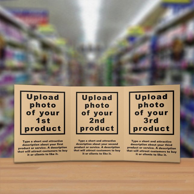 Produtos para empresas Cartão castanho claro tripl (Attract more customers. Your business products on light brown trifold card.)