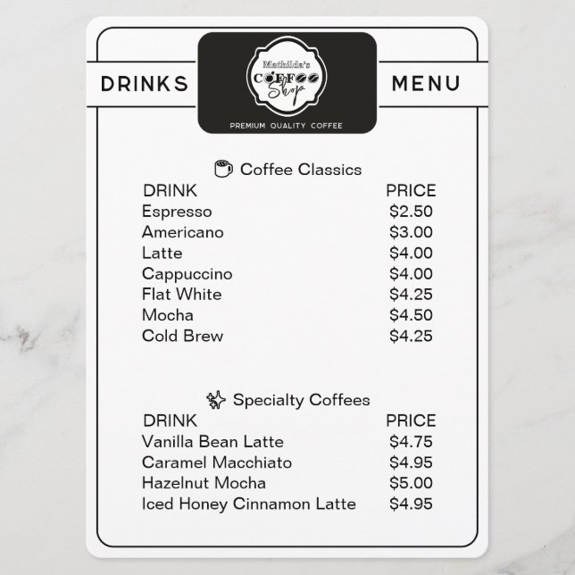 Professional Coffee Shop Personalized Drinks Menu (Frente)