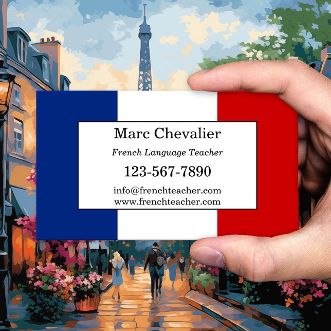 Professor de Língua Francesa Cartão de visita (Business card for a teacher of the French language with the French flag as background)