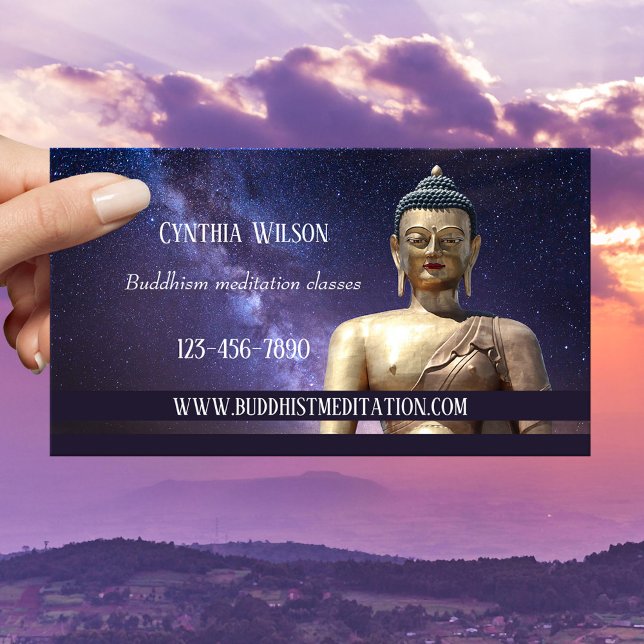 Professor de Meditação Budista Cartão de visita (Spiritual meditation business card featuring an image of the Buddha on a galaxy Milky Way background)