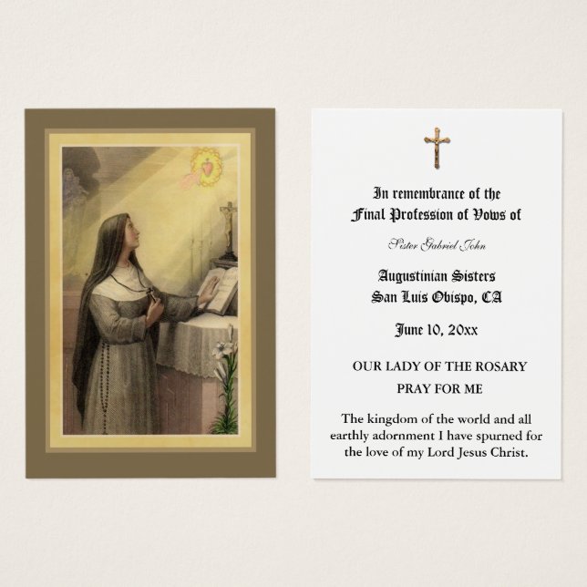 PROFISSÃO CATÓLICA NUN DE VOWS HOLY CARD (Frente & Verso)