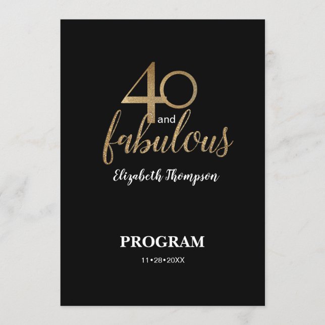 Programa 40 and fabulous 40th Birthday Gold Glitter Black (Frente)