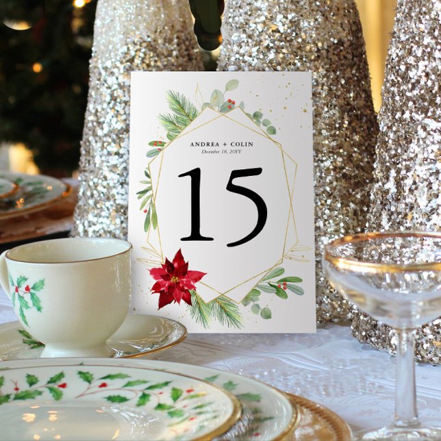 Programa 5x7 Número de Tabela Dourada de Feriado de Aquarel (Christmas Holiday Wedding Table Numbers with Holiday Greenery and Red Poinsettia (5x7))