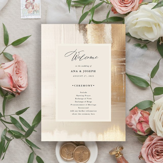Programa Abstrato ouro | Casamento Elegante (An elegant, modern wedding program with a gold abstract border and a neutral beige center)