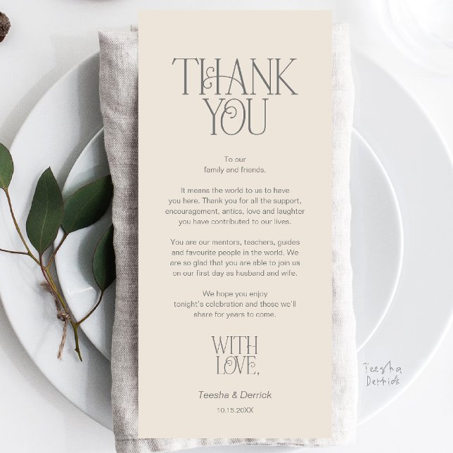 Programa Agradecimento de Configuração de Local de Casament (Modern Minimalist Wedding Dinner Place Setting Thank You Cream Grey Card)