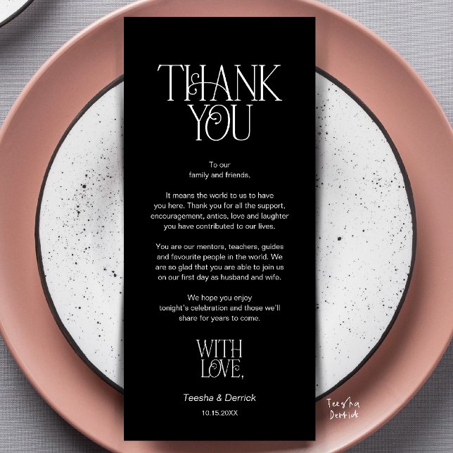 Programa Agradecimento de Configuração de Lugar de Casament (Modern Minimalist Wedding Dinner Place Setting Thank You Classy Black Card)