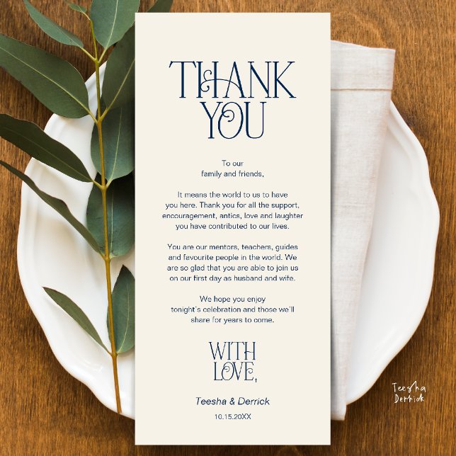 Programa Agradecimento do Local da Cerimônia de Casamento C (Modern Minimalist Wedding Dinner Place Setting Thank You Navy Blue and Ivory Card)