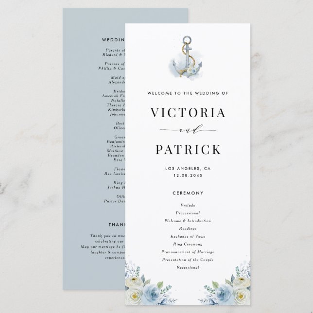 Programa Âncora Floral Aquarela Azul Casamento Náutico (Frente/Verso)