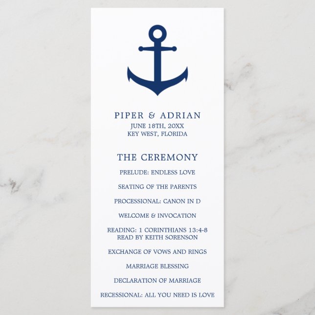 Programa Âncora Náutica Azul Marinho Casamento Elegante (Frente)