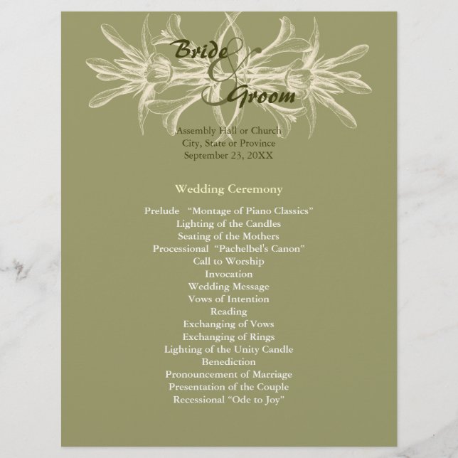 Programa Antiquado de Casamento Floral de Oliva (Frente)