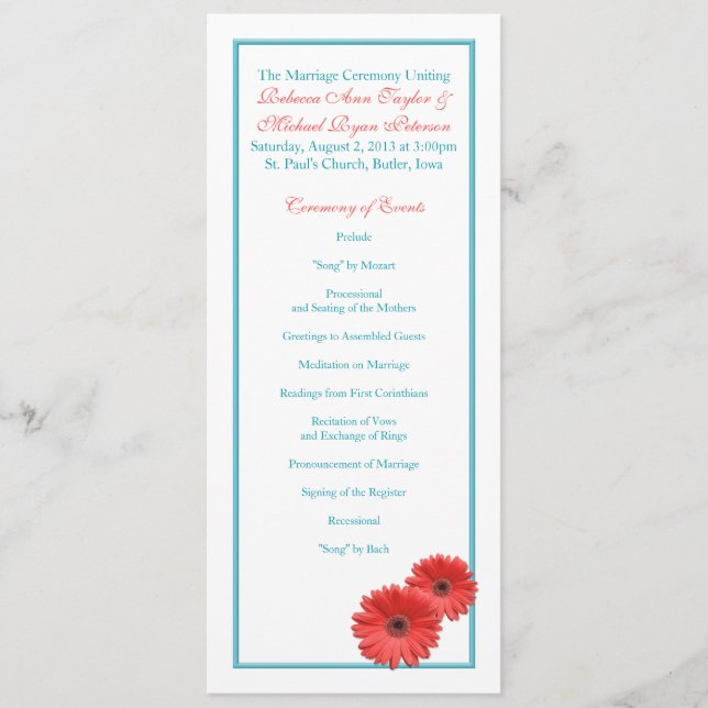 Programa Aqua Blue Coral Gerbera Daisy Wedment Program (Frente)