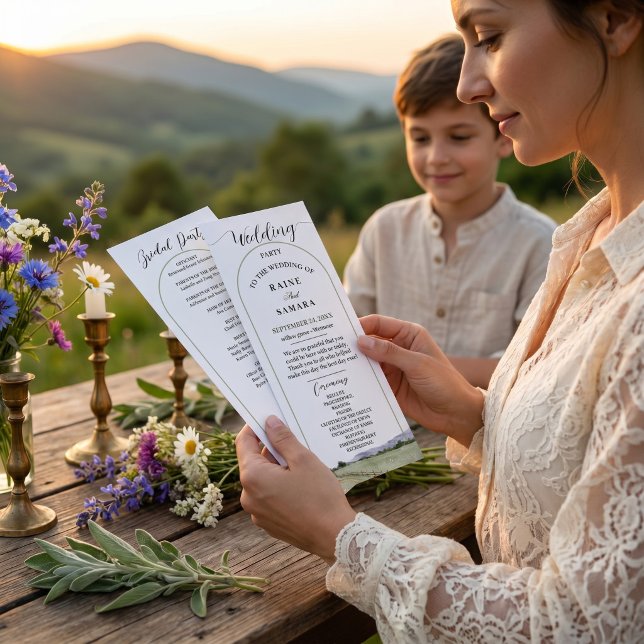 Programa Aquarela Montanha Flor Silvestre Salvia Verde Boho (Watercolor Mountain Wildflower Sage Green Boho Wedding Arch Program)