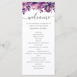 Programa Aquarela roxa e rosa, escrita floral para casament