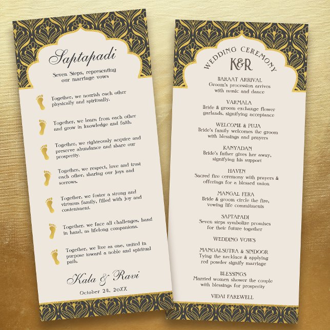 Programa Art Deco Floral Lotus Indian & Hindu Wedes (charcoal gray black art deco indian hindu wedding program card with saptapadi seven steps vows)