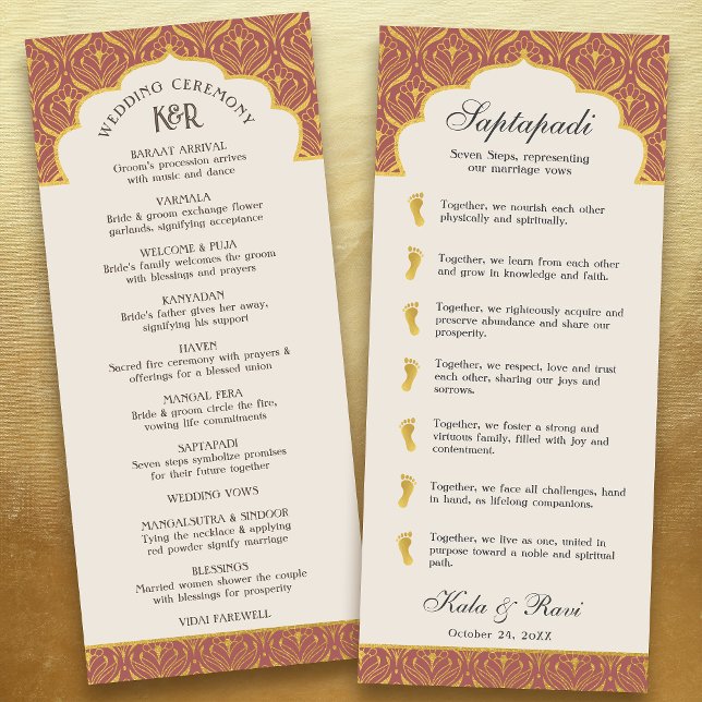Programa Art Deco Floral Lotus Indian & Hindu Wedes (Rust red art deco indian hindu wedding program card with saptapadi seven steps vows, gold foil leaf)
