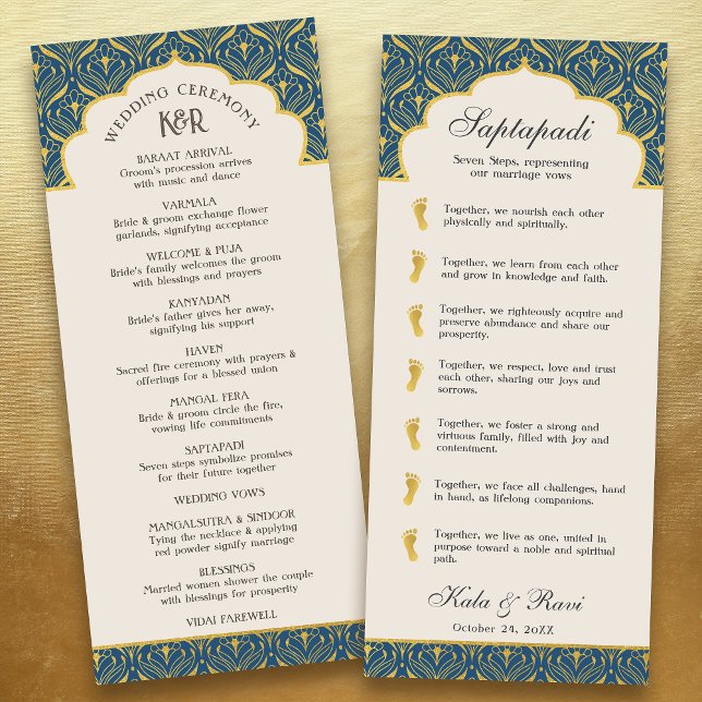 Programa Art Deco Floral Lotus Indian & Hindu Wedes (Navy blue art deco indian hindu wedding program card with saptapadi seven steps vows, gold foil leaf)