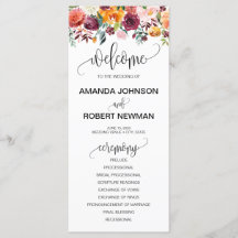 Autumn Burgundy Orange Floral Weding Program